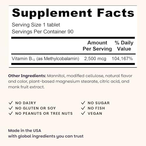 EZ Melts Dissolvable B12 Methylcobalamin 2,500 mcg - Vitamin B12 for Energy & Immune Support - Non-GMO, Vegan & Gluten-Free - Red Cherry - 90 Sublingual Tablets (90 Servings)