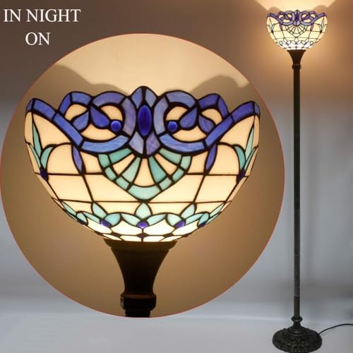 WERFACTORY Tiffany Floor Lamp Navy Baroque Stained Glass Torchiere Light | 12X12X71 Inches Pole Blue Standing Corner Torch Uplight Decor Bedroom