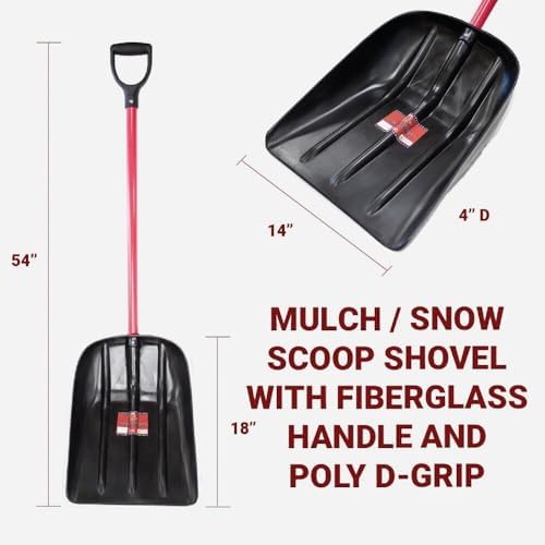 Snow Mulch Scoop Shovel Fiberglass Handle, Made in USA | Poly scoop, 18"x14"x4" head, 54" total, 3 lbs, D-grip, fiberglass handle, polyester veil