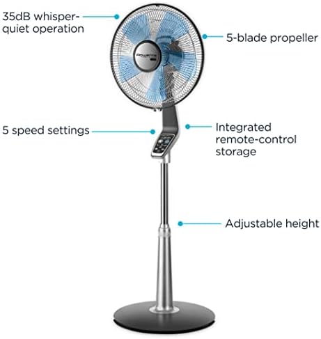 Rowenta, Desk Fan, Turbo Silence Table Fan with Remote, 18 Inches, Ultra Quiet Fan for Bedroom, Oscillating, Portable, 5 Speeds, Black, Indoor, VU2660