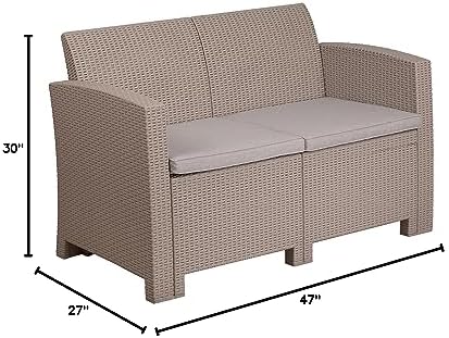 EMMA + OLIVER Light Gray Faux Rattan Loveseat with Light Gray Cushions