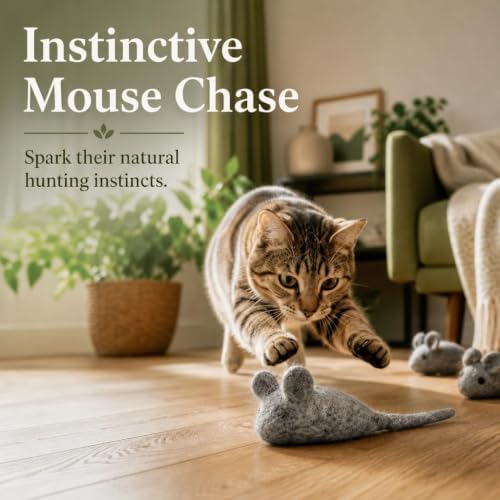 Cat Mouse Toy - 3 Felted Wool Mouse Toys Without Catnip for Indoor Cats and Kittens - Large Handmade Mice