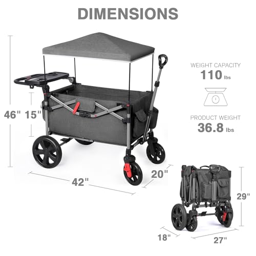 EVER ADVANCED Foldable Wagons for Two Kids & Cargo, Collapsible Folding Stroller with Adjustable Handle Bar,Removable Canopy with 5-Point Harness Gray