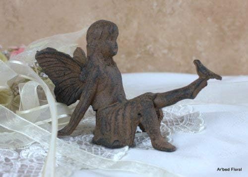 HomeOffice Cast Iron Sitting Angel W Bird Cherub Garden Statue Fairy