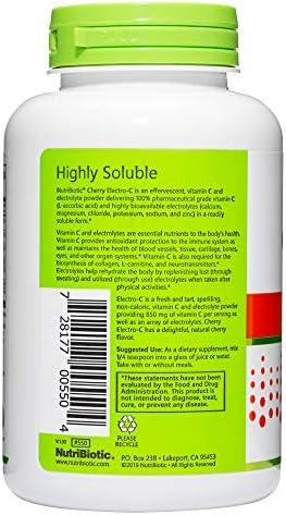 NutriBiotic - Cherry Electro-C Vitamin C & Electrolyte Powder, 8 Oz | 850 Mg Vitamin C Per Serving | Effervescent Electrolyte Recharge | Buffered & Highly Soluble | Non-GMO & Gluten Free