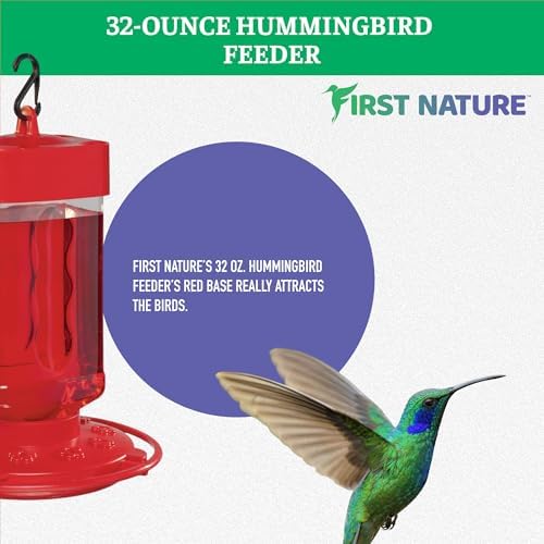 First Nature Hummingbird Feeder - 10 Feeding Ports - Red Base | Wide Mouth Prevents Messy Spills - Sealing Ring Prevents Bottom Leaks - Multi-Port Base Accommodates Flocks