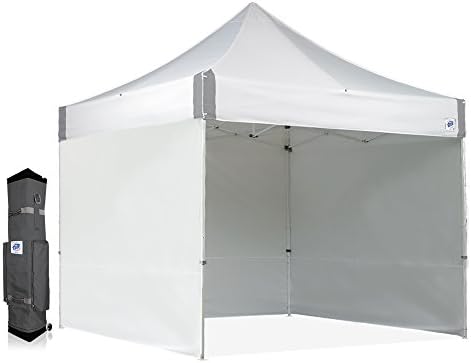 E-Z UP ES100S Instant Commercial Pop Up Canopy Tent, 10' x 10' with 3 Sidewalls, 1 Mid-Zip Sidewall and Wide-Trax Roller Bag, White
