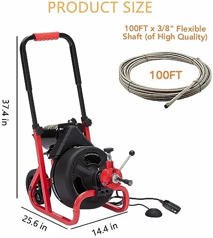 Drain Cleaner Machine - 100Ft x 3/8 Inch, Auto-feed Electric Drain Auger for Plumbing with 6 Cutters, Glove