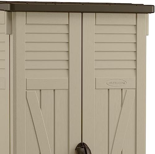 Suncast Vertical Shed, Compact Outdoor Storage System, 22 Cu. Ft. Capacity, Sand & Mustang - Lockable Multi-Wall Resin Organizer for Long-Handle Tools