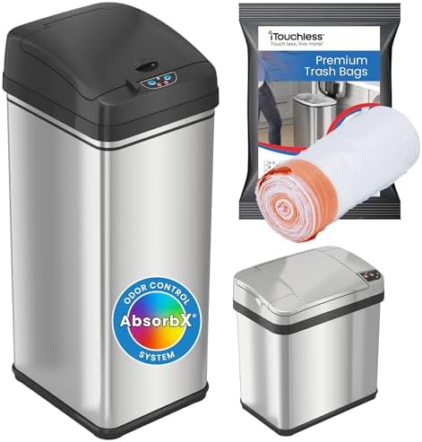 iTouchless 13 Gallon and 2.5 Gallon Automatic Touchless Sensor Kitchen Cans with Odor Control System, Stainless Steel, Includes 10 Premium Bags