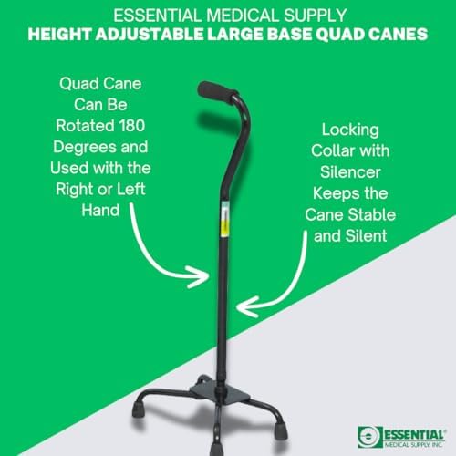 Essential Medical Supply Small Base Quad Cane in Black - Height Adjustable Walking Cane, Sturdy and Durable Walking Cane for Improved Mobility and Stability with 4 Prong Base and Rubber Tips