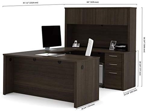 Bestar Embassy 66W U-Shaped Executive Desk with Pedestal and Hutch in Dark Chocolate | With Pedestal and Hutch, with Narrow Desk Shell, Desk Shell