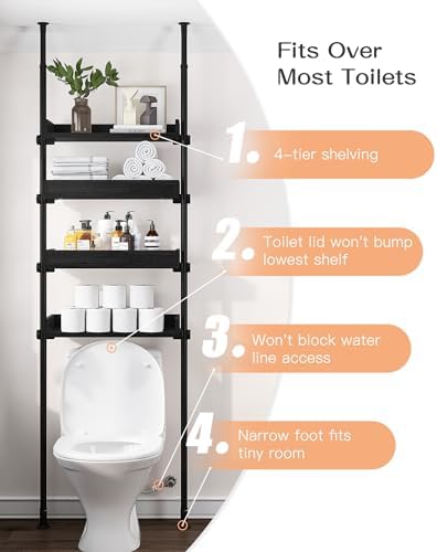 ALLZONE Bathroom Organizer, Over The Toilet Storage, 4-Tier Adjustable Wood Shelves for Small Rooms, Saver Space Rack, 92 to 116 Inch Tall