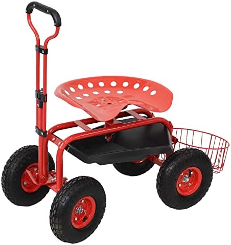 Sunnydaze Garden Cart with Wheels and Extendable Handle, Blue | Steel Rolling Gardening Seat with Utility Tray, and Basket for Storage, Rotating, Swiveling Motion