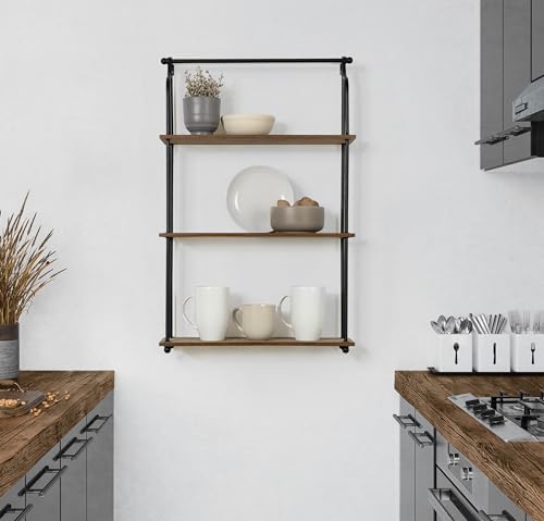 Kate and Laurel Walters Wood and Metal 3-Tier Shelving, 21" x 32", Rustic Brown and Black, Shabby-Chic Industrial Shelves for Storage and Decor