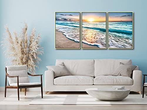 Wieco Art 3 Panel Blue Beach Canvas Wall Art for Home Decor Sunset White Wave Beach Pictures on Canvas Sea View Canvas Prints Artwork for Wall Decor