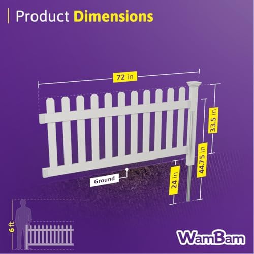 WamBam Newport Picket Fence, White Vinyl DIY No Dig Kit | 3ftH x 6ftW, 1 Panel + 1 Post, ZP19002