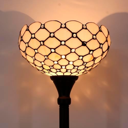 WERFACTORY Tiffany Floor Lamp Cream Amber Stained Glass Torchiere Light | 12X12X71 Inches Pole Standing Corner Torch Bead Uplight Decor Bedroom