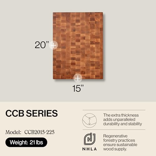 John Boos CCB Series Square Wooden Maple Cutting Board 18”x18” – 2.25” Thick, 22-lb Reversible Butcher Block with End-Grain & Finger Grips – Made in the USA
