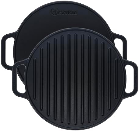 Victoria Rectangular Cast Iron Griddle. Double Burner Griddle, Reversible Grill, 13 x 8.5 Inch, Seasoned with 100% Kosher Certified Non-GMO Flaxseed Oil, Model: GDL-189