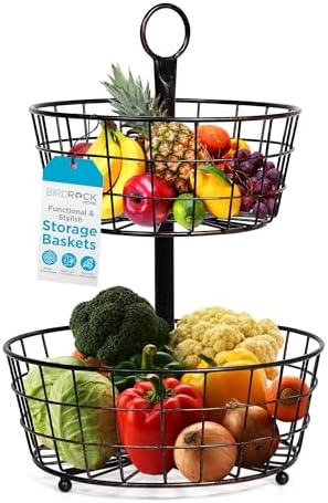 BIRDROCK HOME 3 Tier Wire Fruit Basket | Round Metal Standing Baskets | Fruit Vegetable Garlic Caddy | Freestanding Rustic Decorative Basket