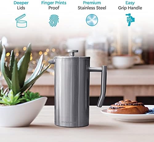 French Press Coffee Maker - 50oz Stainless Steel, Insulated Coffee Press | Large 6 Cup 50oz Capacity, Double Wall Keeps Coffee Hot, 4 Level Filter for Ground Free Coffee, 2 Extra Filters, Matte Black