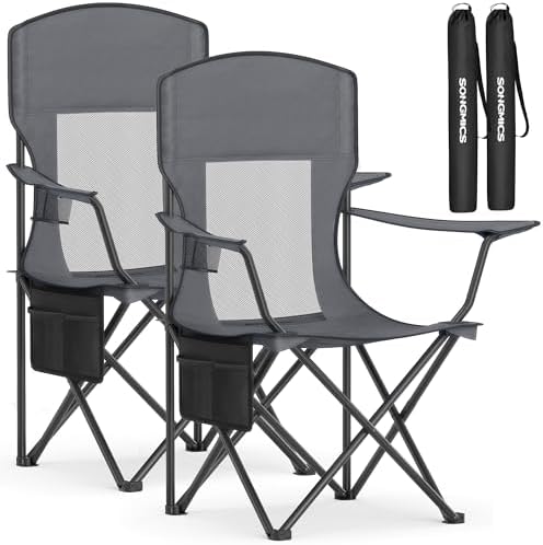 SONGMICS Camping Chair, Folding Oversized Chair, Comfortable and Heavy-Duty, 352 lb Weight Capacity, Adjustable Armrests with Cooler Bag, Storage Bag, Breathable Mesh, Bijou Blue UGCB060Q01