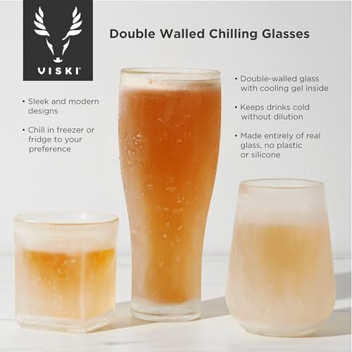 Viski Glacier Double Walled Beer Glass with Active Cooling Gel, Perfect for Cold Drinks at Indoor and Outdoor Parties, Special Occasions, Home Bar Accessories, Great Gifts for Men, 16 oz, Set of 1