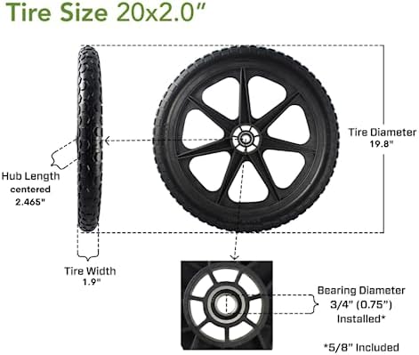 Marathon 92010-2PK Flat-Free 20" Tire and Wheel Assembly, Centered Hub, Ball Bearings, Heavy-Duty Plastic Spoked Wheel, Replacement for Rubbermaid Big Wheel and other Carts, Easy Install, 2 Pack