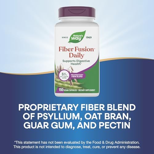 Nature's Way Fiber Fusion Daily Capsules, Digestive Health Support*, 150 ct | 3.1 g per Serving, Proprietary Fiber Blend, Psyllium Husk Capsules with Oat Bran, Guar Gum, Pectin, Vegan