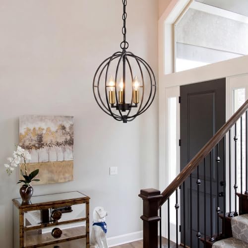 3-Light Farmhouse Chandelier, Black Industrial Metal Globe Pendant Light | Adjustable Hanging Height, for Kitchen Island, Dining Room, Foyer, Entryway