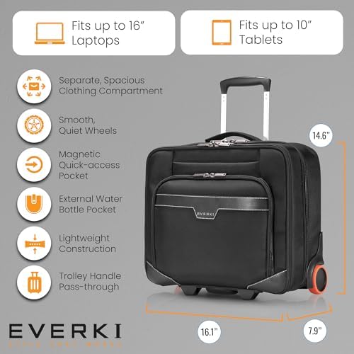 EVERKI Journey Rolling Laptop Briefcase for Men & Women, Black - 27L | Ballistic Nylon, Carry On Luggage w/ Wheels, Business & Travel - Friendly