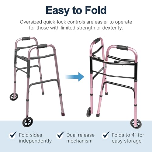 Lumex ColorSelect Walkers for Seniors, Rolling & Folding Adult Walker with Wheels, Pink