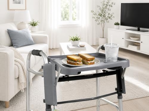 Alex Orthopedic Folding Molded Walker Tray with 2 Cup Holders - Clip On with No Tools