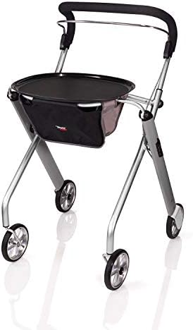 Stander Let’s Go Indoor Rollator, Lightweight Four Wheel Euro Style Walker with Tray, Folding Mobility Aid for Seniors by Trust Care, Silver