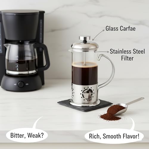 Single Serve French Press Coffee Maker - 12 oz Glass & Stainless Brewer