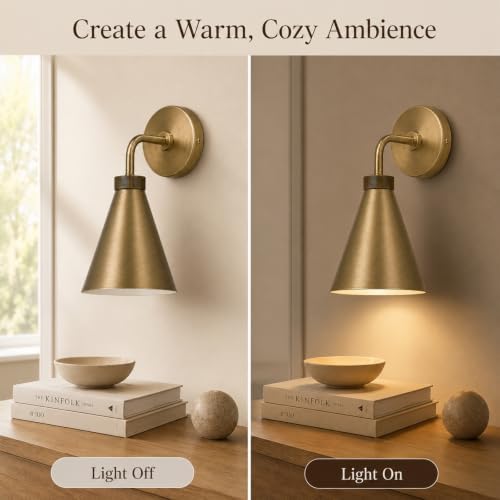 Vintage Metal Cone Wall Sconce, 6" W x 6" L x 11" H | Retro Industrial, Handmade, Antique Brass, Metal Shade, Wall Mount Lighting for Hallway