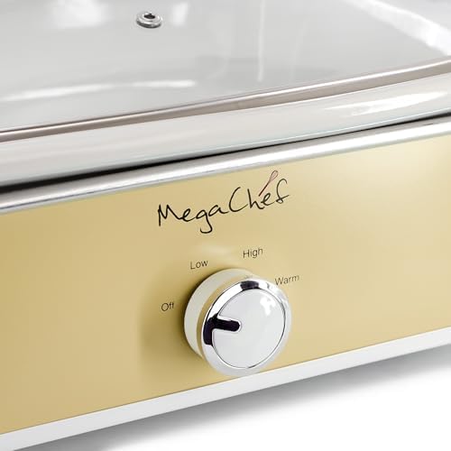 MegaChef 3.5 Quart Rectangle Casserole Slow Cooker with 3 Temperature Settings, Carry Handles and Locking Tempered Glass Lid (Cream)
