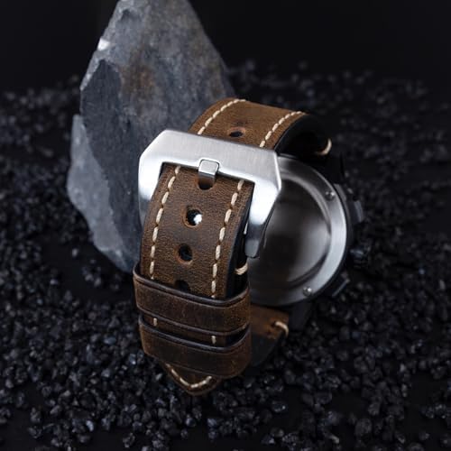Dark Brown 22mm Genuine Leather Wristwatch Watch Band Oil Tan Vintage Strap for Men with Stainless Buckle