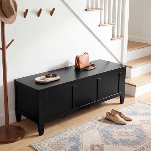 SIMPLIHOME Connaught 30" Wide Solid Wood Storage Bench in Chestnut Brown | Contemporary entryway bench with lift-up lid and hidden storage; mudroom, hallway, foyer, or shoe bench.