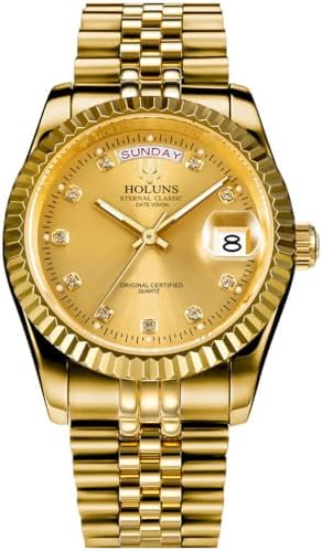 41MM Men's Gold Plated Stainless Steel Waterproof Quartz Watch Luxury Wristwatch with Date Week Display