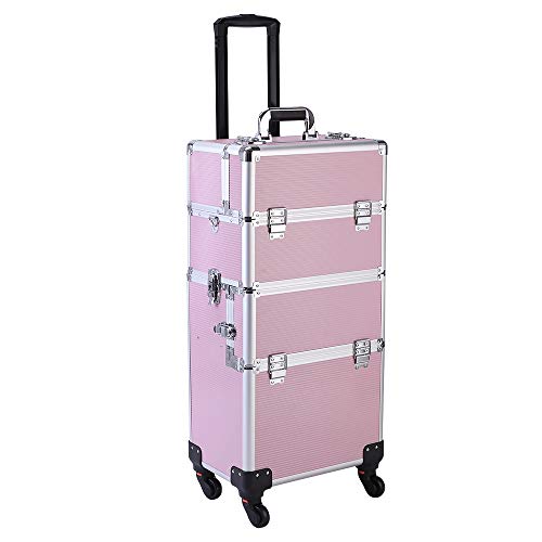 mefeir 3 in 1 Rolling Makeup Train Case, Aluminum Makeup Travel Organizer Cosmetic Case, Cosmetology Display Suitcase on Wheels, Beauty Storage Luggage Lockable w/4 Removable Wheels, Black
