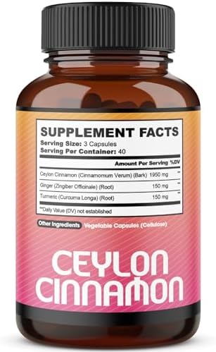 Ceylon Cinnamon Capsules - Combined with Ginger Root and Turmeric Curcumin Supplement - 120 Vegan Capsules