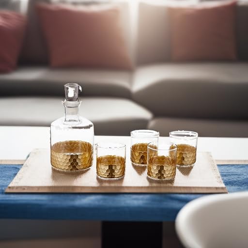 Fitz and Floyd Daphne Decorative Whiskey Decanter Set with Top Glass for Wine, Bourbon, Brandy, Liquor, 5 Piece, Gold