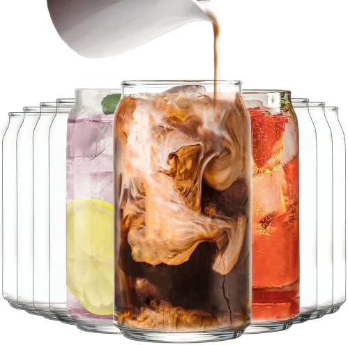 Le'raze Set of 10 Patented Can Shaped® Drinking Glasses - 16oz Clear Irish Glass Cups for Margarita, Cocktails, Iced Coffee, Tea, Soda, Whiskey