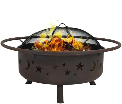 Sunnydaze Cosmic 42" Large Outdoor Fire Pit, Wood Burning, 34" Bowl Dia | Bronze, Heavy Duty Steel Metal, Includes Spark Screen, Wood Grate, & Poker, Round Backyard Firepit for Outside, Patio, Deck