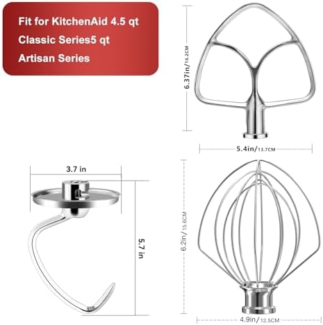 Stainless Steel Stand Mixer Attachments 3-Piece (4.5-5QT Flat Beater, 4.5-5QT Dough Hook, K45WW 6-Wire Whip Attachment) for KitchenAid Tilt-Head Stand Mixer and 4.5-5 Quart Bowl, Dishwasher Safe