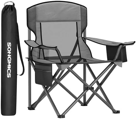 SONGMICS Camping Chair, Folding Oversized Chair, Comfortable and Heavy-Duty, 352 lb Weight Capacity, Adjustable Armrests with Cooler Bag, Storage Bag, Breathable Mesh, Bijou Blue UGCB060Q01