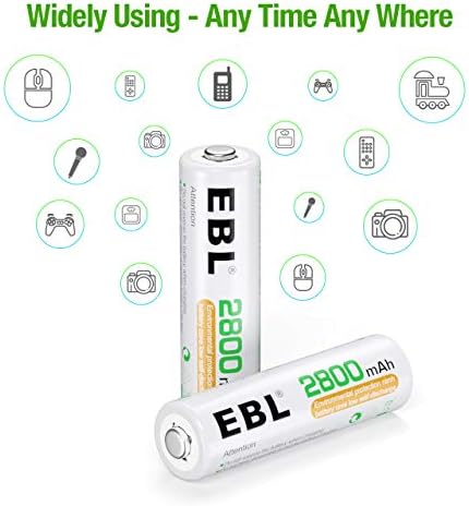 EBL AA Rechargeable Batteries,1.2V NiMH Double A Battery 2800mAh High Capacity Pre-Charged Long Lasting - 4 Pack