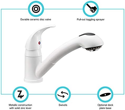 Dura Faucet DF-NMK852-WT RV Pull-Out Swivel Kitchen Sink Faucet (White) | One-hole, single-handle design with smooth lever control for galley cleanup. Easy DIY install with common hand tools.